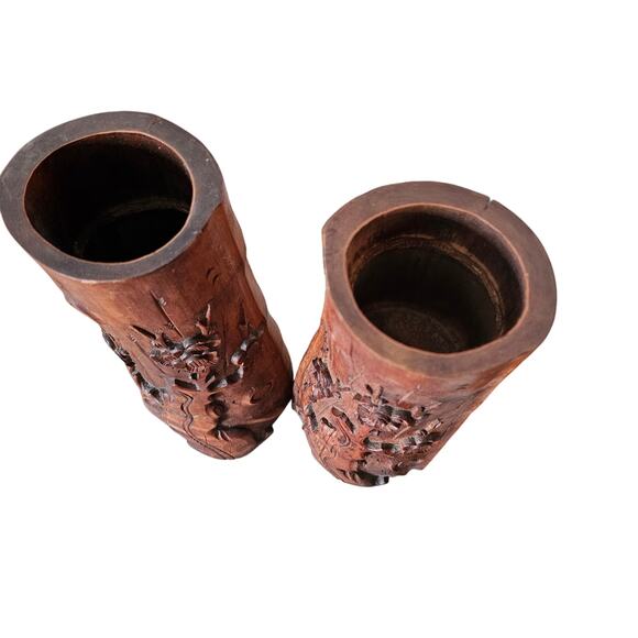 Asian Bamboo Wood Carved Cherry Blossoms Planters/ Candle Holders/ Vase - Picture 7 of 13